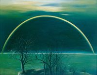 Gudrun Pontius: Landschaft mit Regenbogen, 1981, Oel auf Hartfaser, 76 x 96,5 cm